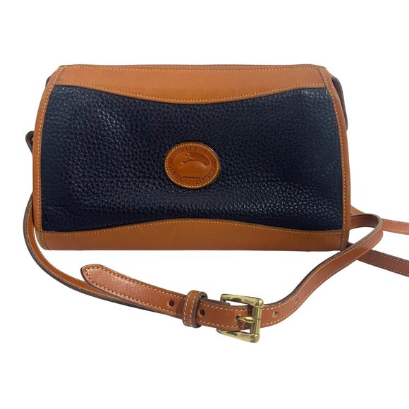 VTG Dooney Bourke Navy Blue / Tan Trim Zip Top Shoulder Crossbody Bag  USA Charm - Picture 1 of 12